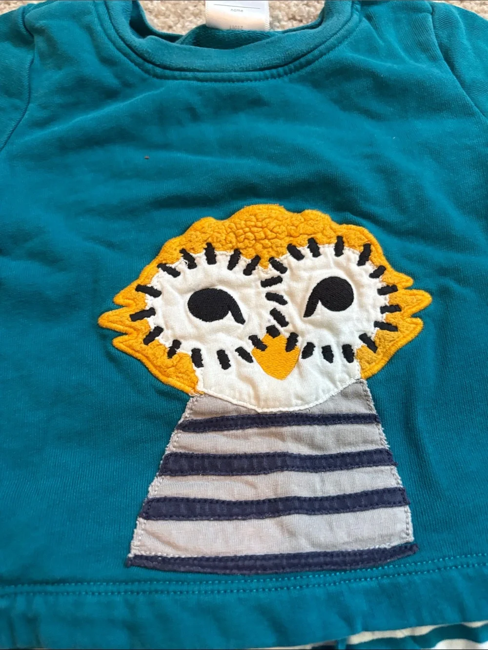 Hanna Andersson teal Striped Pants Set with Yellow Owl Appliqué 12-18m
